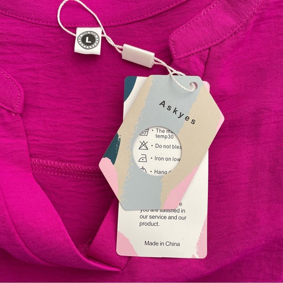 ASKYES Fuchsia Pink Chiffon V Neck Blouse 3/4 Flutter Sleeves Tunic Large - Picture 7 of 8